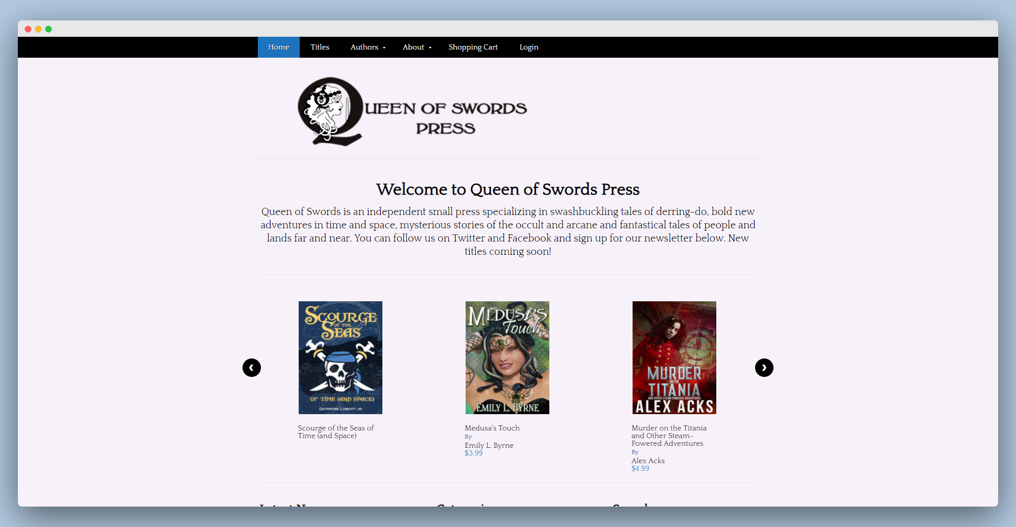 screenshot of the Queen of Swords website